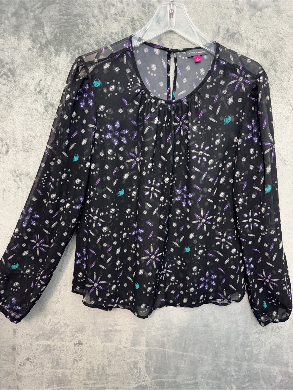 Vince Camuto Lg Black Floral-Print Long-Sleeve Blouse semi sheer
